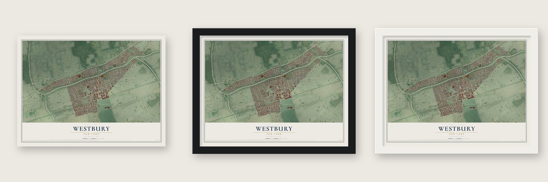Westbury, New York map unframed, in a black wood frame and in a white wood frame