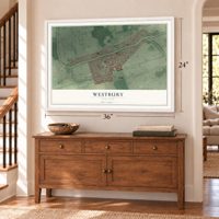Westbury, New York map, 24 x 36 inch print in a white frame above a dresser by a staircase