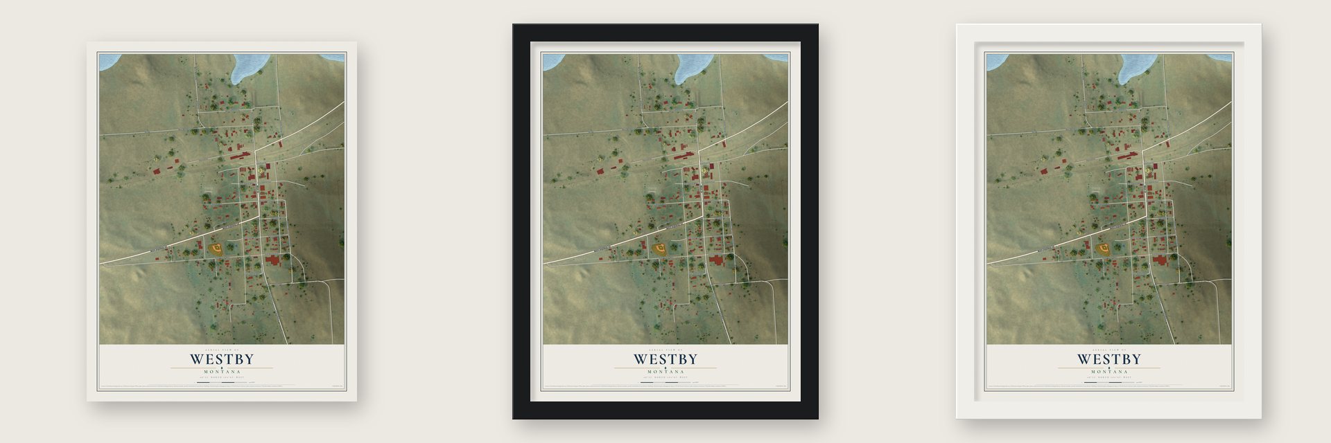 Westby, Montana map unframed, in a black wood frame and in a white wood frame