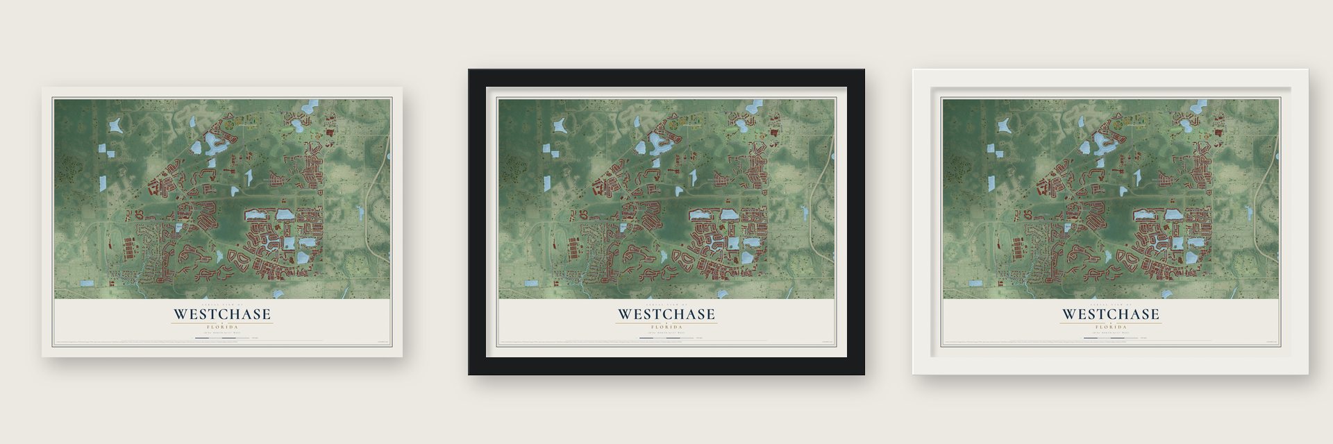 Westchase, Florida map unframed, in a black wood frame and in a white wood frame