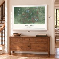Westchase, Florida map, 24 x 36 inch print in a white frame above a dresser by a staircase