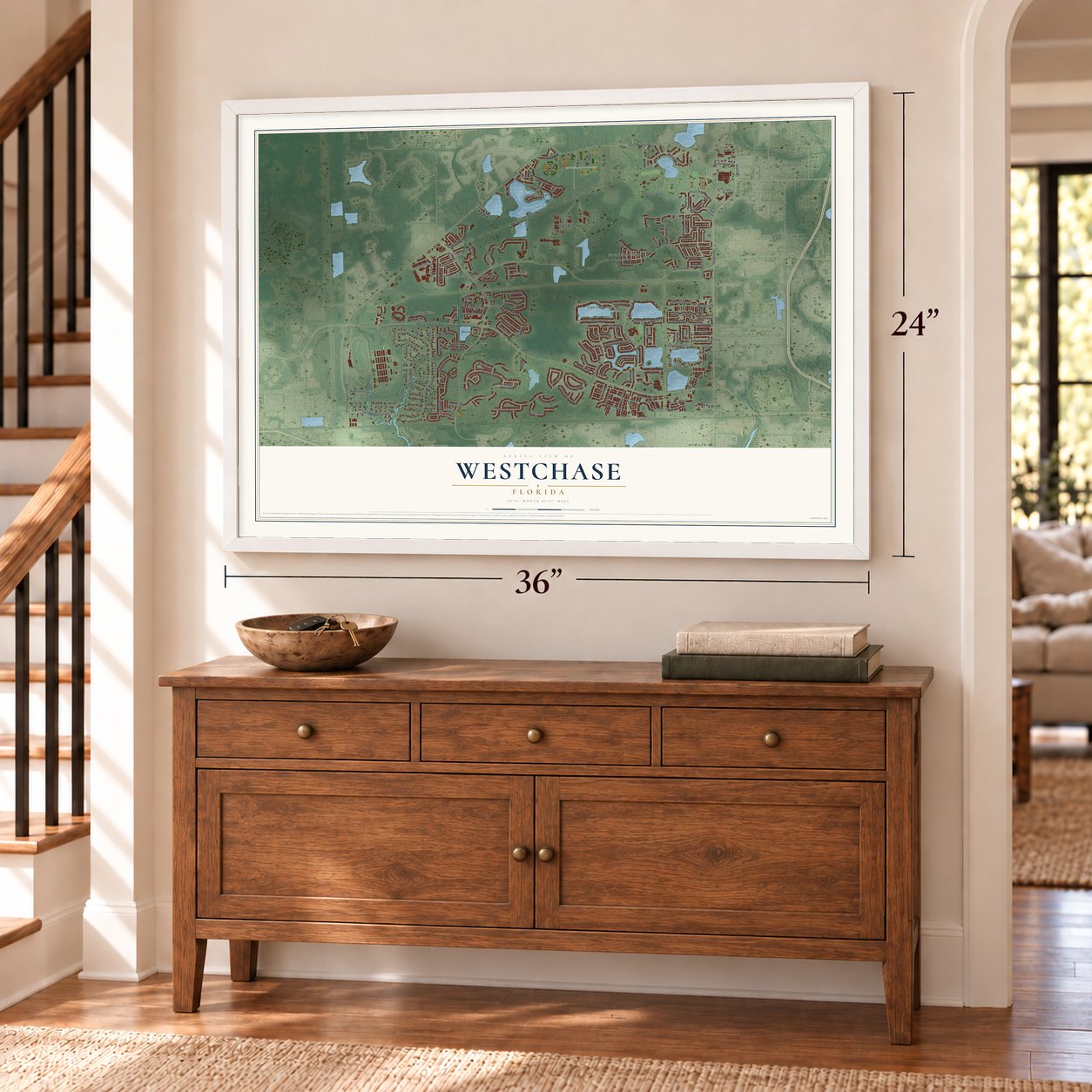 Westchase, Florida map, 24 x 36 inch print in a white frame above a dresser by a staircase