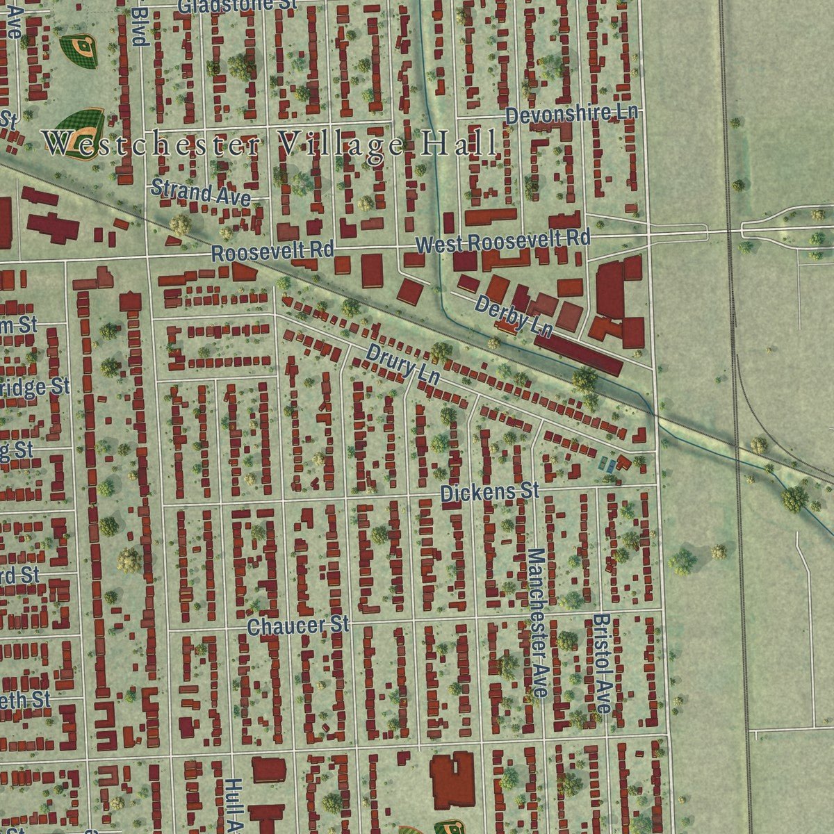 Second close-up of the map of Westchester, Illinois print showing more streets and buildings