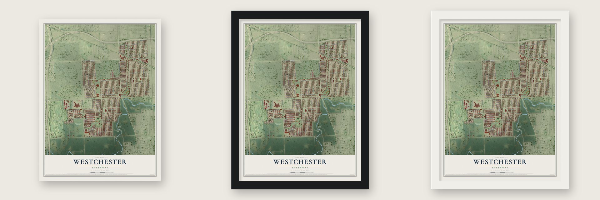 Westchester, Illinois map unframed, in a black wood frame and in a white wood frame