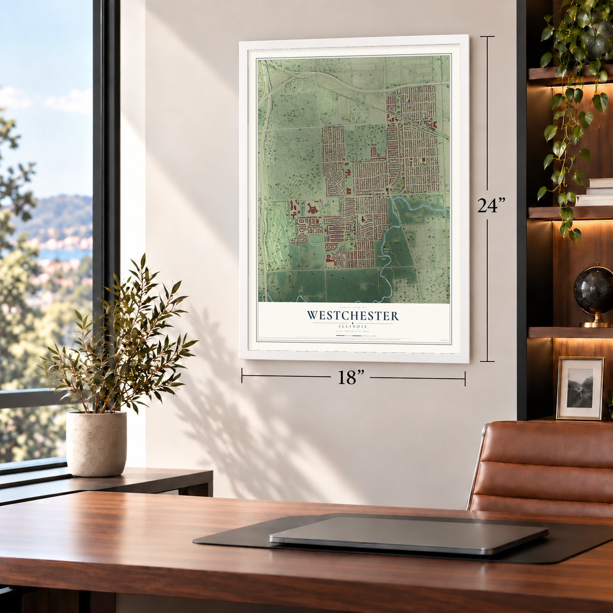 Westchester, Illinois map, 18 x 24 inch print in a white frame in a home office