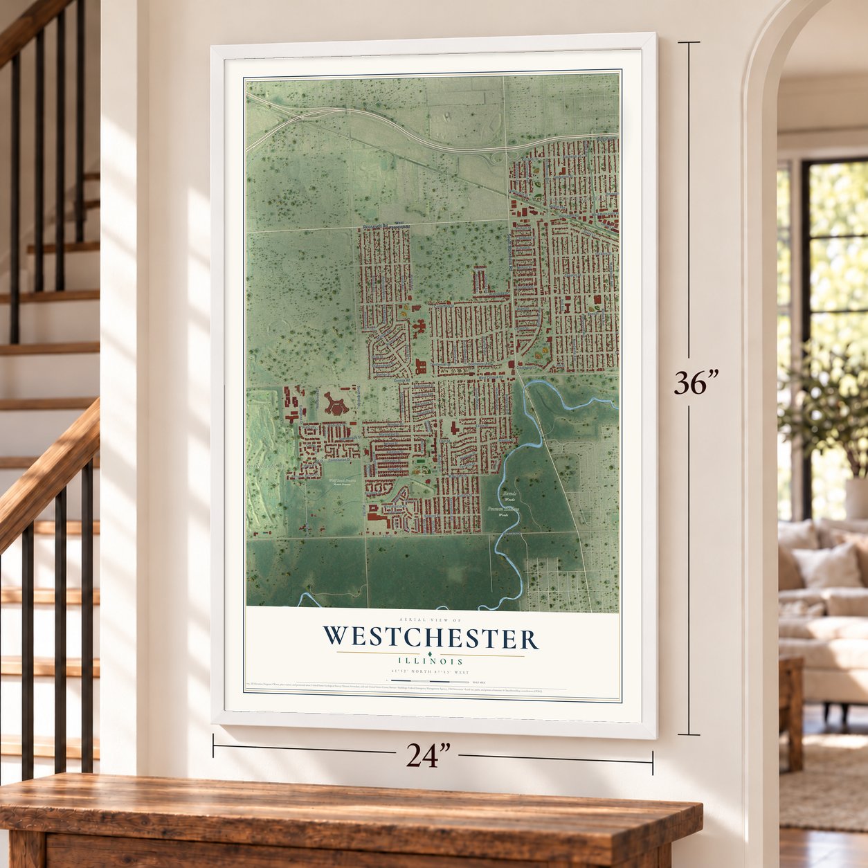 Westchester, Illinois map, 24 x 36 inch print in a white frame by a staircase