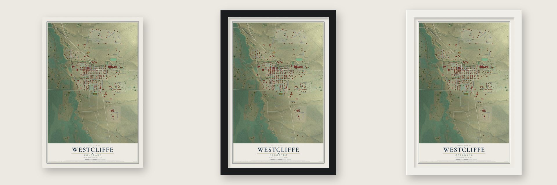 Westcliffe, Colorado map unframed, in a black wood frame and in a white wood frame