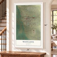 Westcliffe, Colorado map, 24 x 36 inch print in a white frame by a staircase