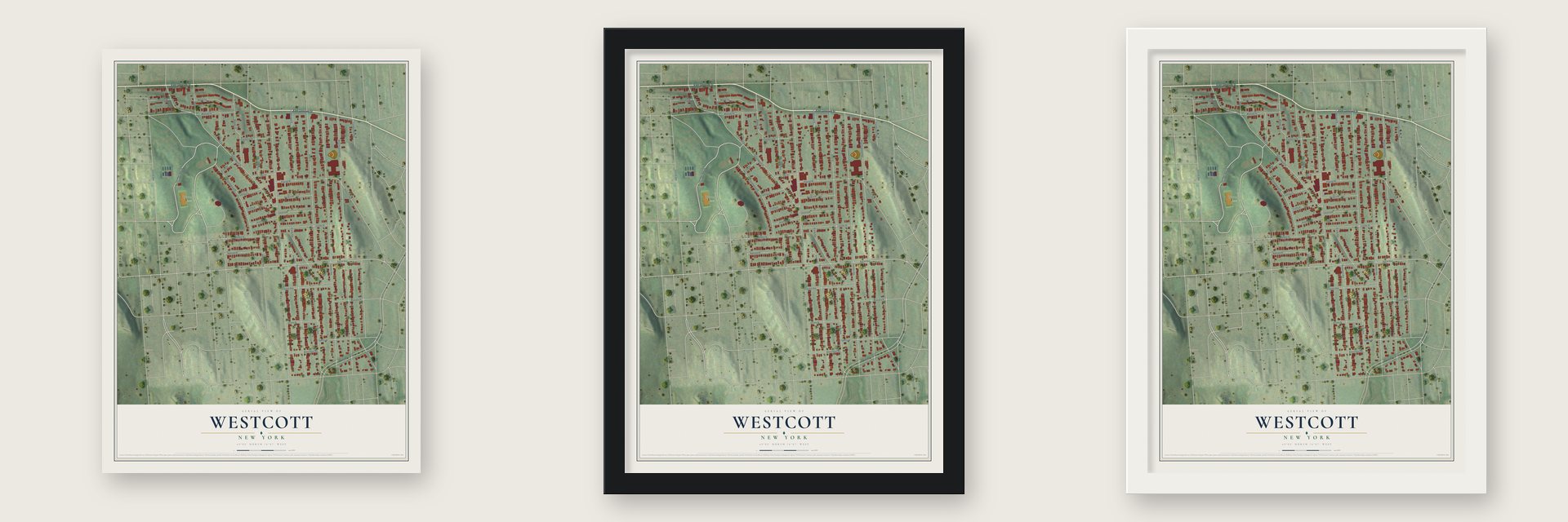 Westcott, New York map unframed, in a black wood frame and in a white wood frame