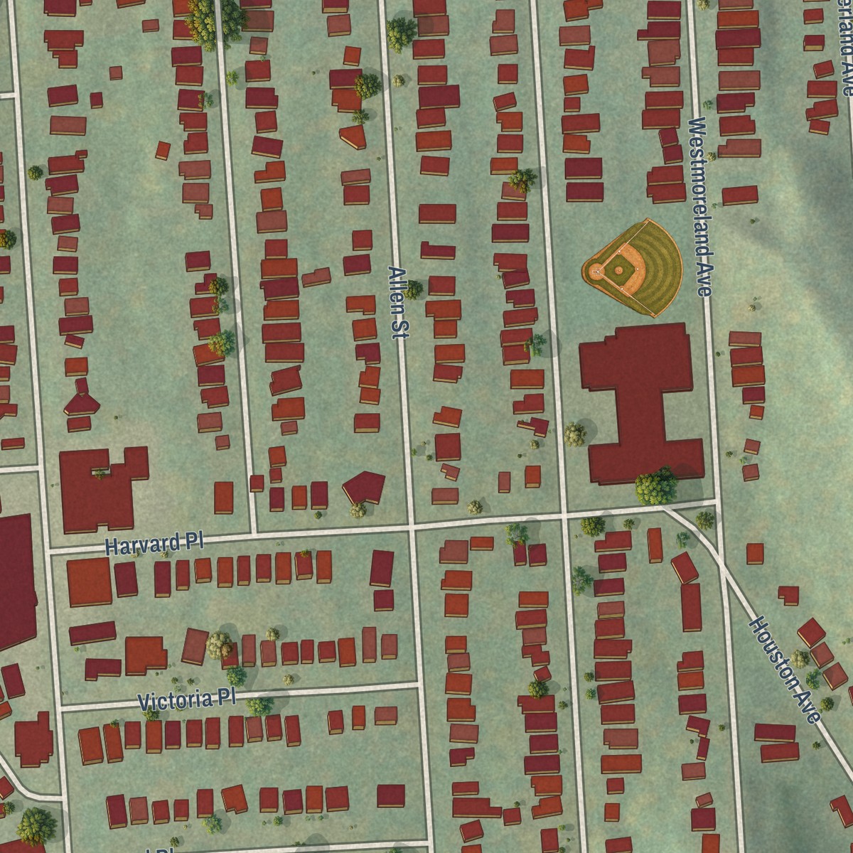 Second close-up of the map of Westcott, New York print showing more streets and buildings