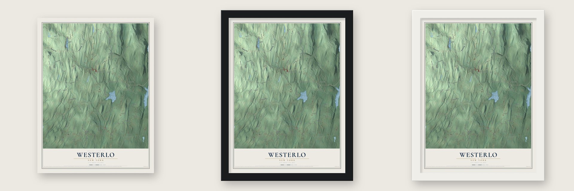 Westerlo, New York map unframed, in a black wood frame and in a white wood frame