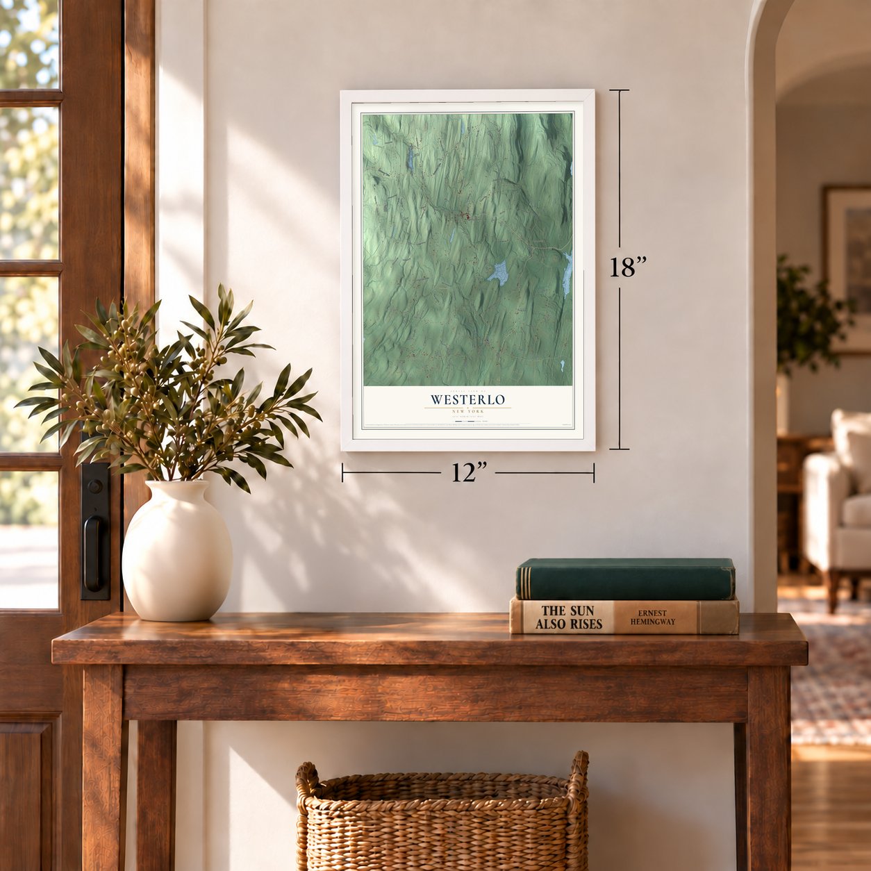 Westerlo, New York map, 12 x 18 inch print in a white frame in an entryway