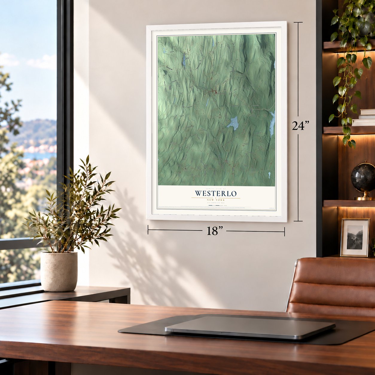 Westerlo, New York map, 18 x 24 inch print in a white frame in a home office