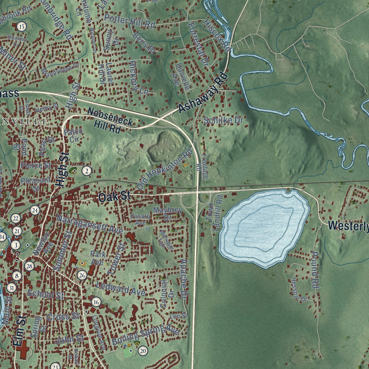 Second close-up of the map of Westerly, Rhode Island print showing more streets and buildings