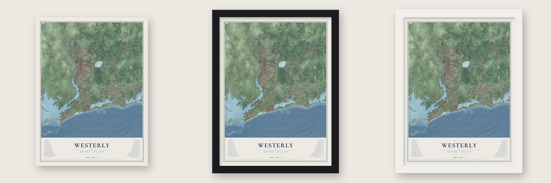 Westerly, Rhode Island map unframed, in a black wood frame and in a white wood frame