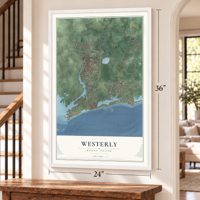 Westerly, Rhode Island map, 24 x 36 inch print in a white frame by a staircase