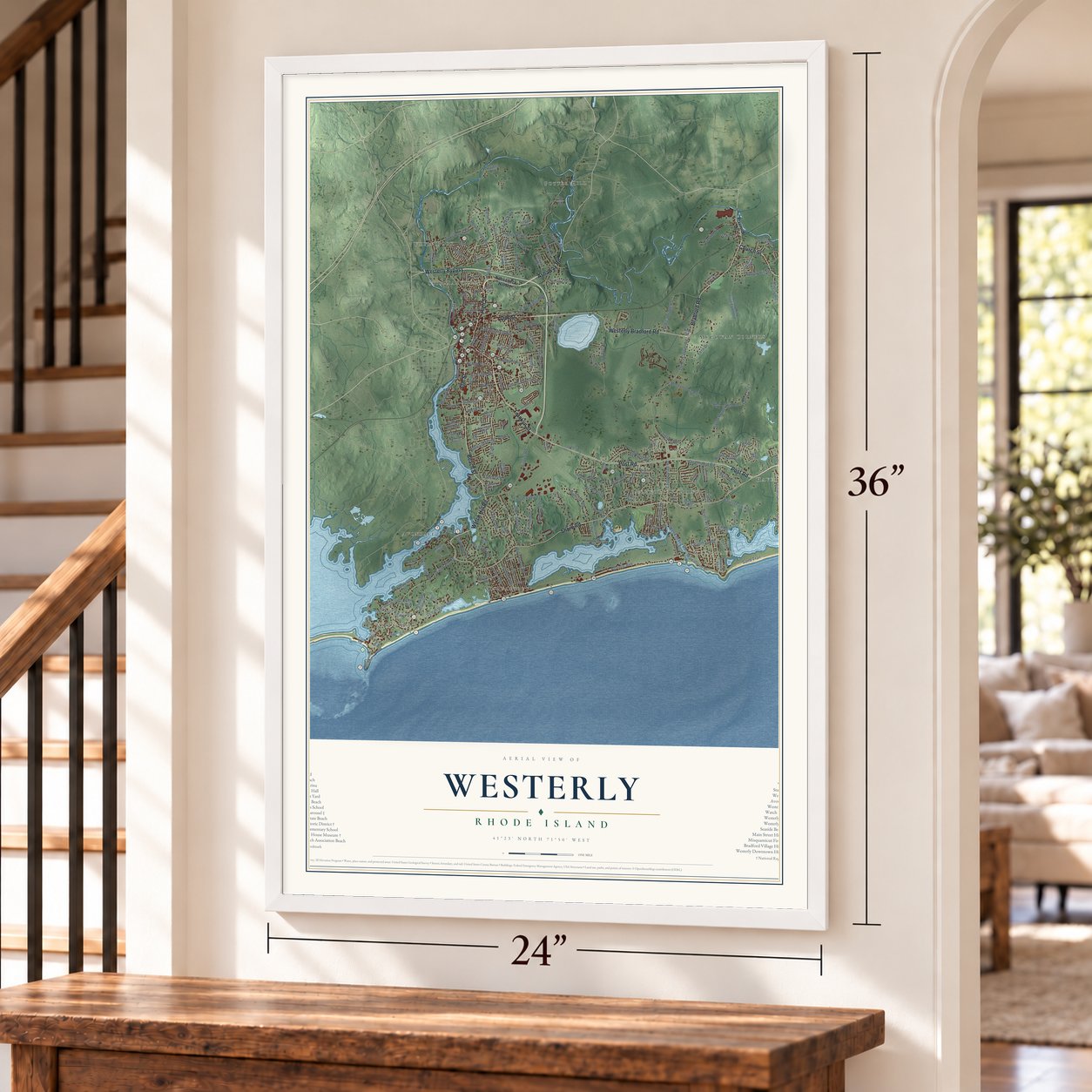 Westerly, Rhode Island map, 24 x 36 inch print in a white frame by a staircase