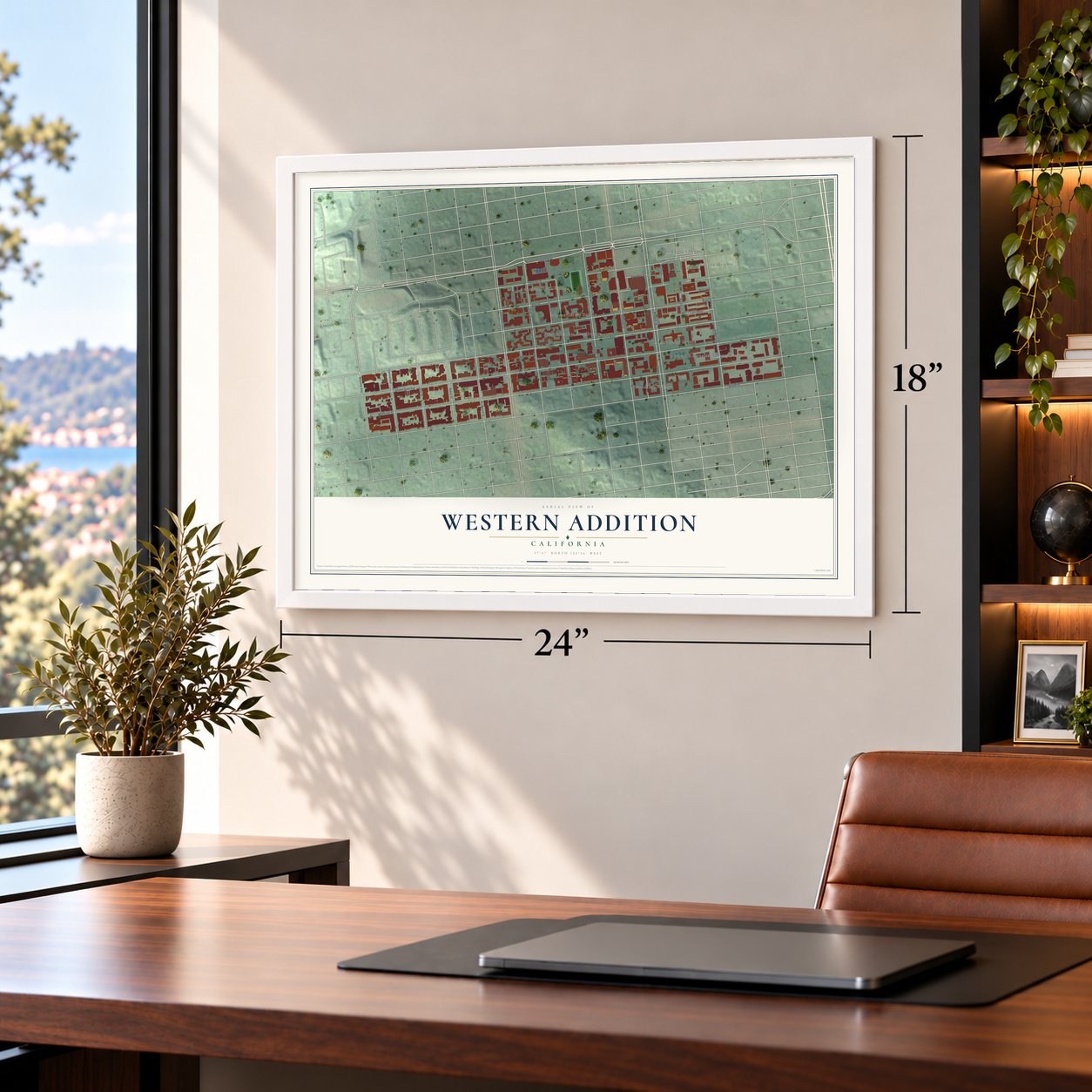 Western Addition, California map, 18 x 24 inch print in a white frame in a home office
