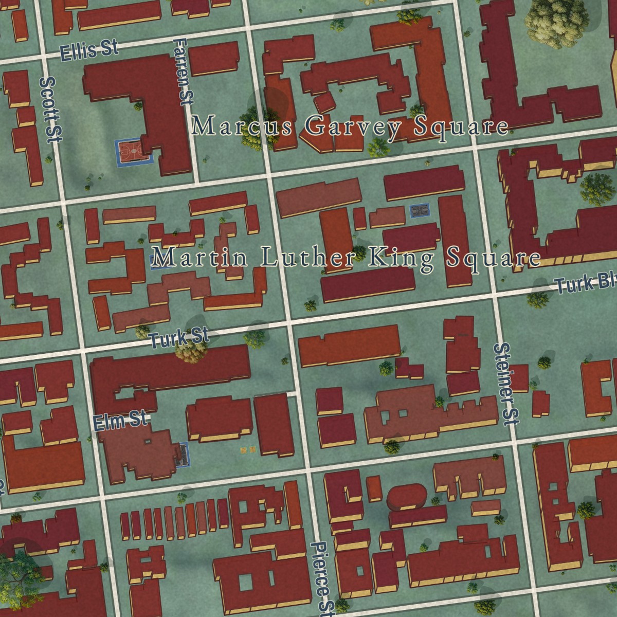 Second close-up of the map of Western Addition, California print showing more streets and buildings