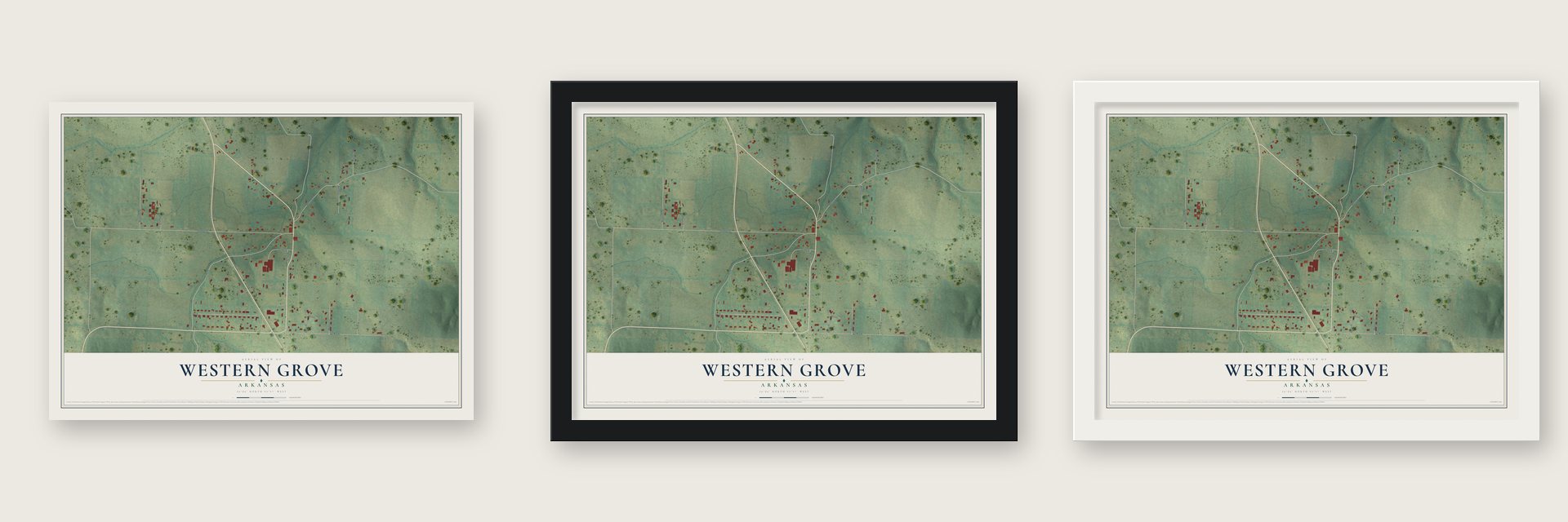 Western Grove, Arkansas map unframed, in a black wood frame and in a white wood frame