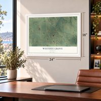 Western Grove, Arkansas map, 18 x 24 inch print in a white frame in a home office