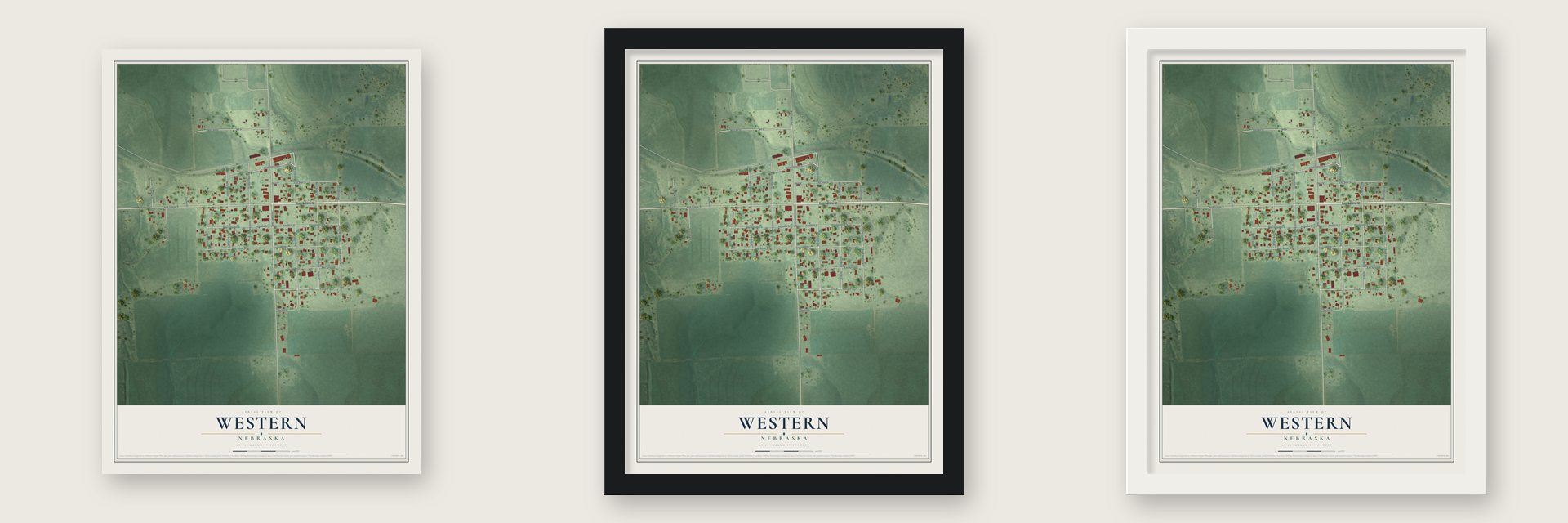 Western, Nebraska map unframed, in a black wood frame and in a white wood frame