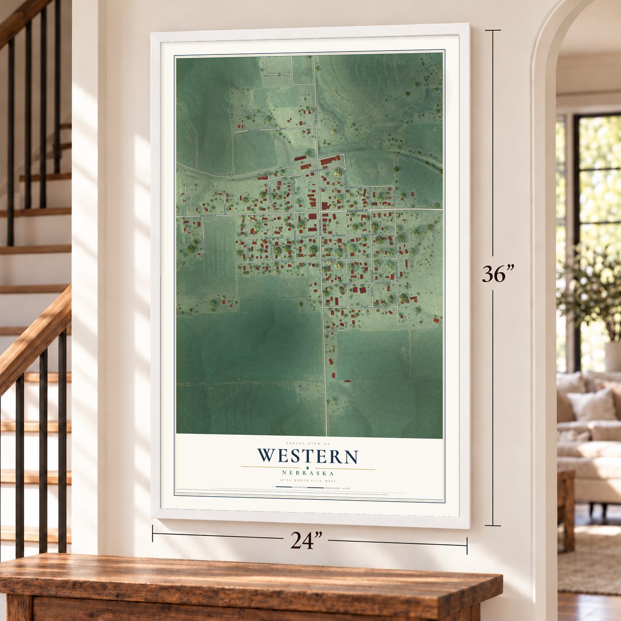 Western, Nebraska map, 24 x 36 inch print in a white frame by a staircase