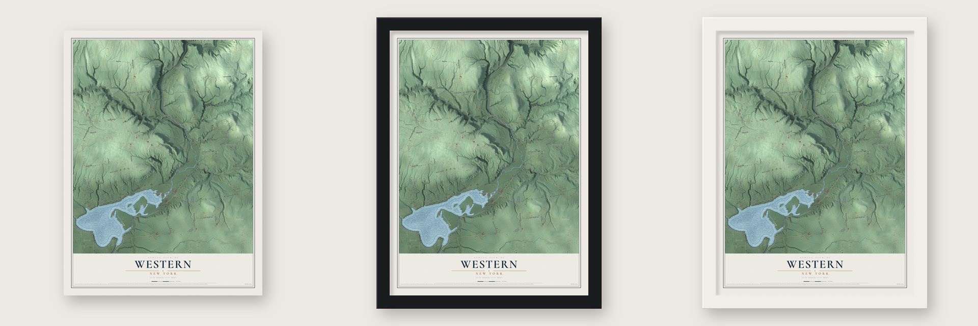 Western, New York map unframed, in a black wood frame and in a white wood frame
