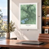 Western, New York map, 18 x 24 inch print in a white frame in a home office