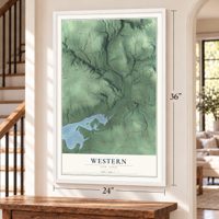 Western, New York map, 24 x 36 inch print in a white frame by a staircase