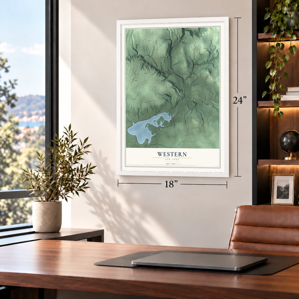 Western, New York map, 18 x 24 inch print in a white frame in a home office