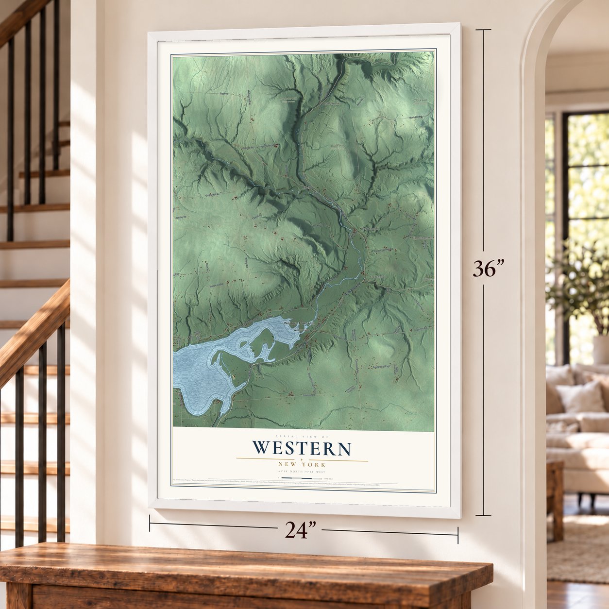 Western, New York map, 24 x 36 inch print in a white frame by a staircase