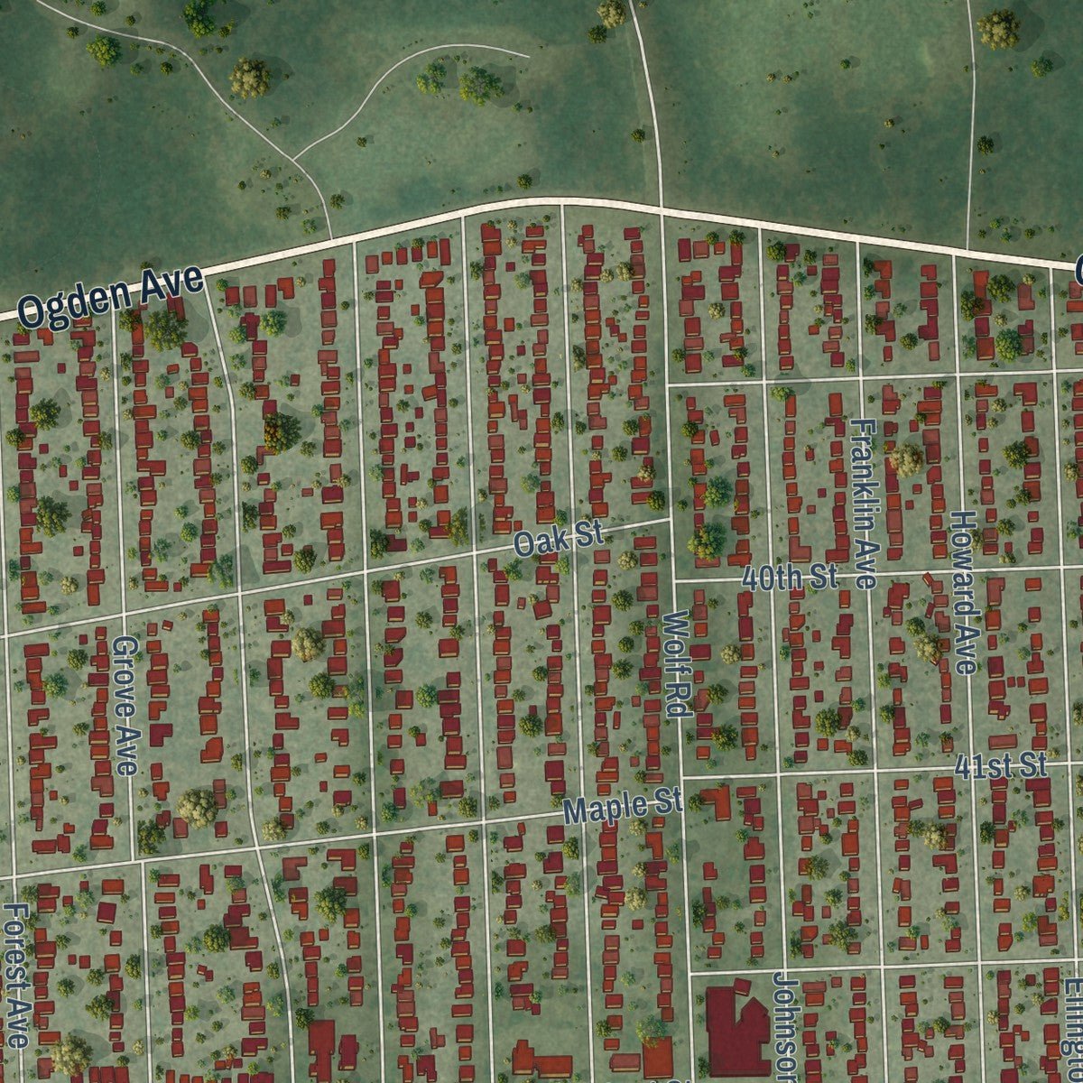 Second close-up of the map of Western Springs, Illinois print showing more streets and buildings