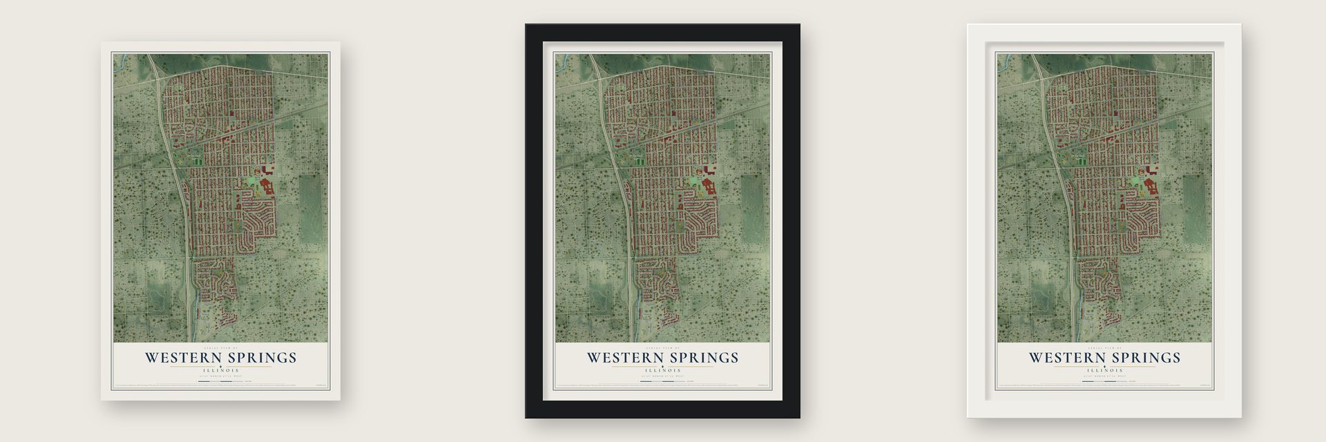 Western Springs, Illinois map unframed, in a black wood frame and in a white wood frame