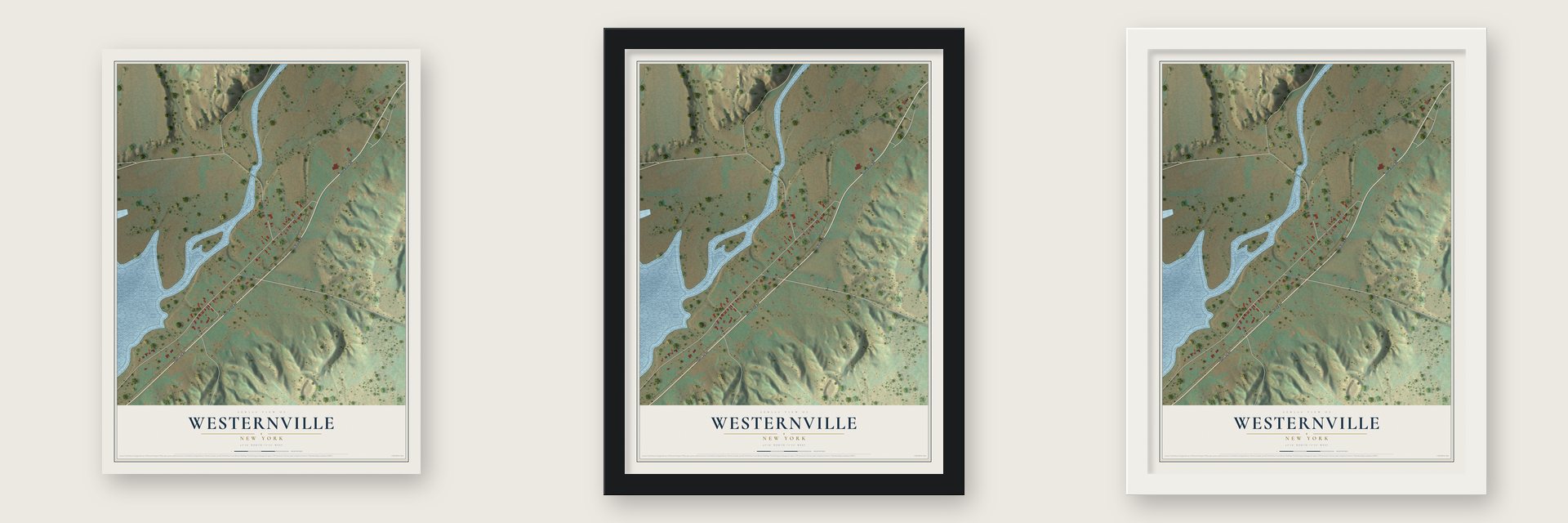 Westernville, New York map unframed, in a black wood frame and in a white wood frame