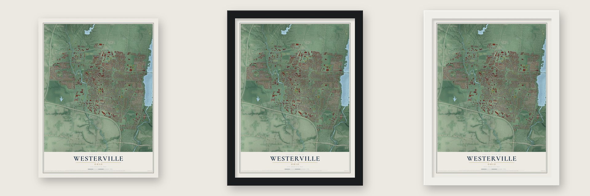 Westerville, Ohio map unframed, in a black wood frame and in a white wood frame