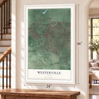 Westerville, Ohio map, 24 x 36 inch print in a white frame by a staircase