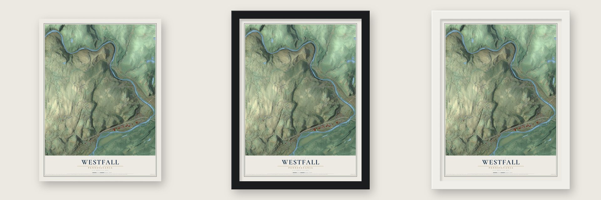 Westfall, Pennsylvania map unframed, in a black wood frame and in a white wood frame
