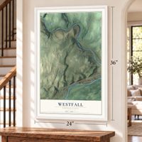Westfall, Pennsylvania map, 24 x 36 inch print in a white frame by a staircase