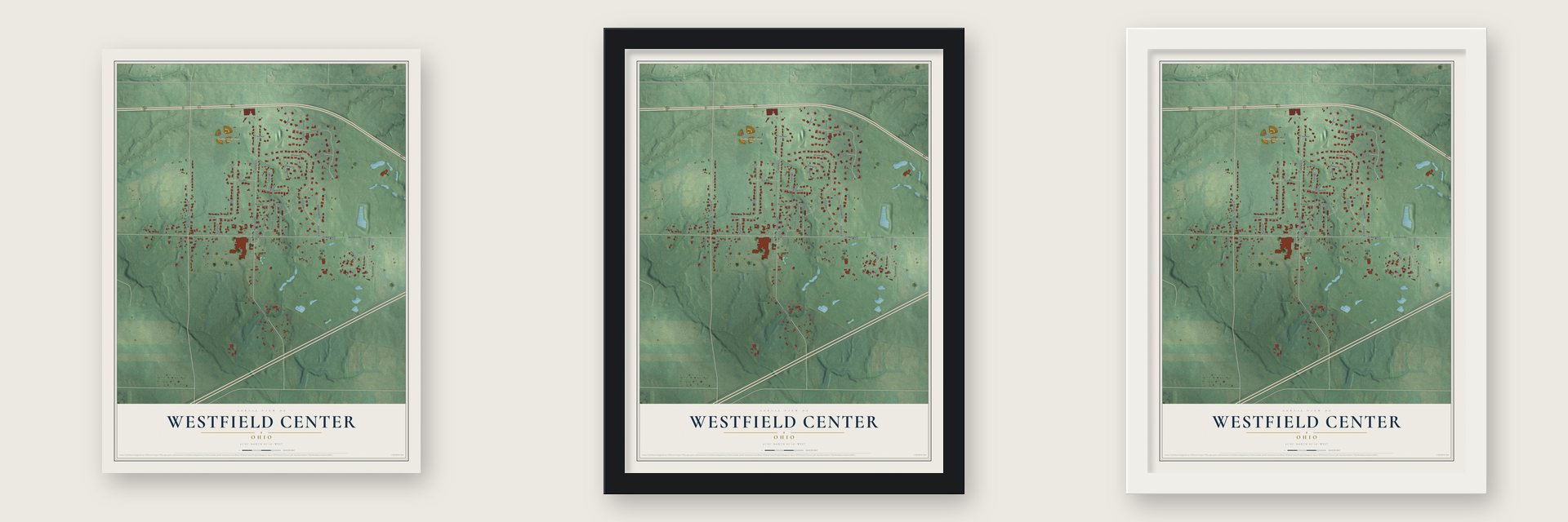 Westfield Center, Ohio map unframed, in a black wood frame and in a white wood frame