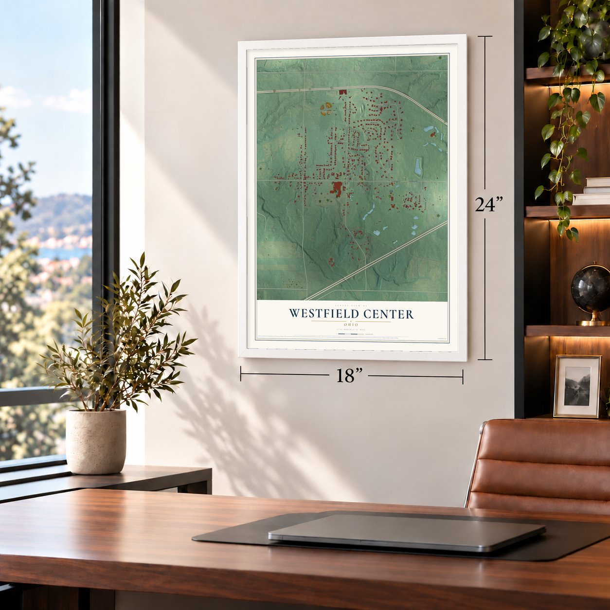Westfield Center, Ohio map, 18 x 24 inch print in a white frame in a home office