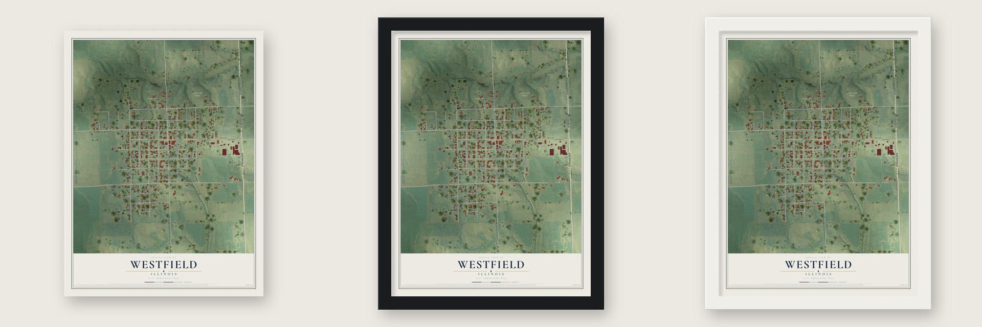 Westfield, Illinois map unframed, in a black wood frame and in a white wood frame