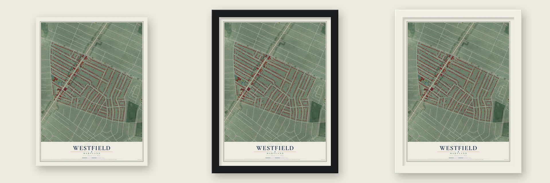 Westfield, Maryland map unframed, in a black wood frame and in a white wood frame
