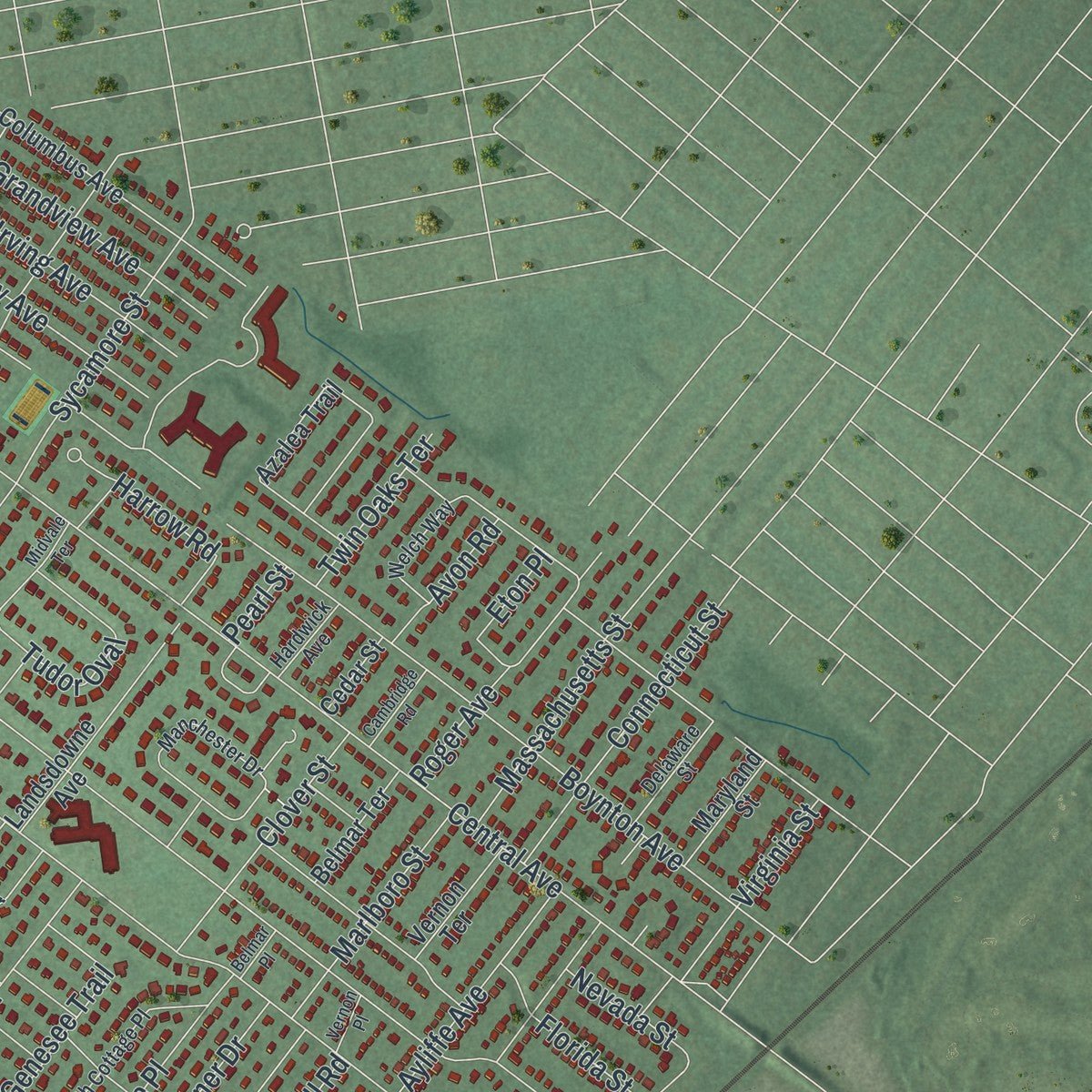 Second close-up of the map of Westfield, New Jersey print showing more streets and buildings