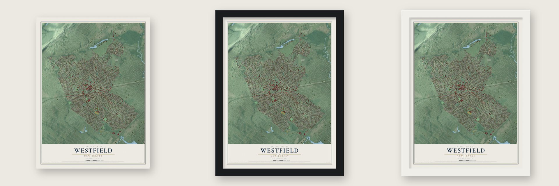 Westfield, New Jersey map unframed, in a black wood frame and in a white wood frame