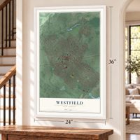 Westfield, New Jersey map, 24 x 36 inch print in a white frame by a staircase