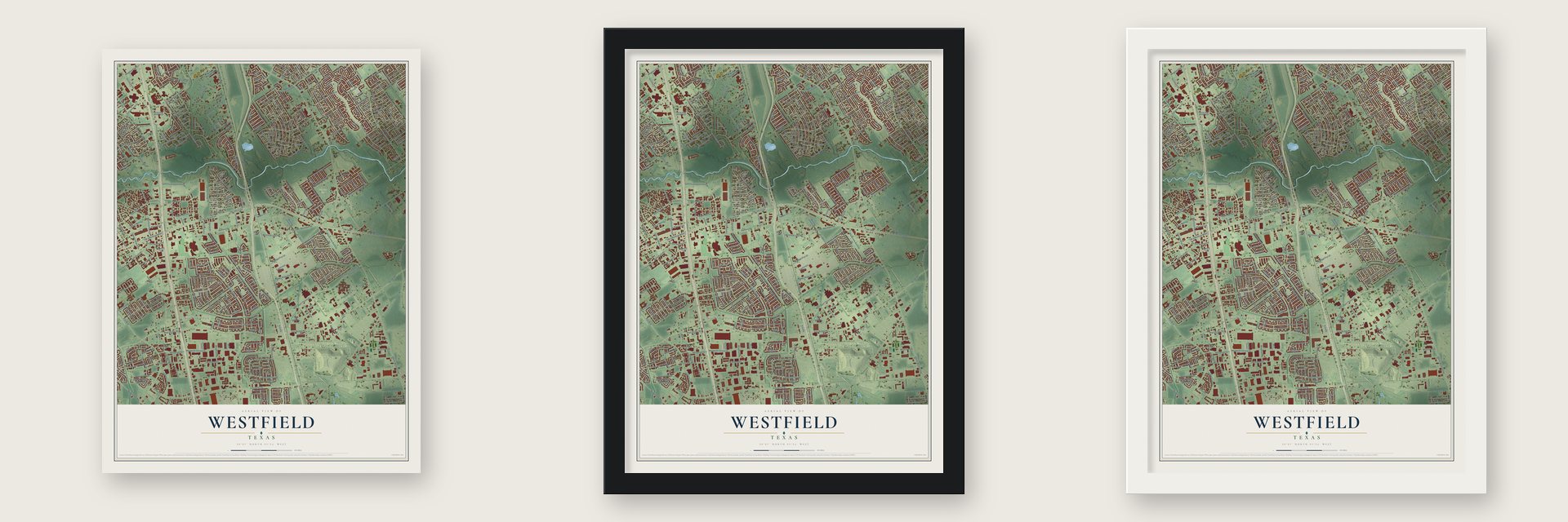 Westfield, Texas map unframed, in a black wood frame and in a white wood frame