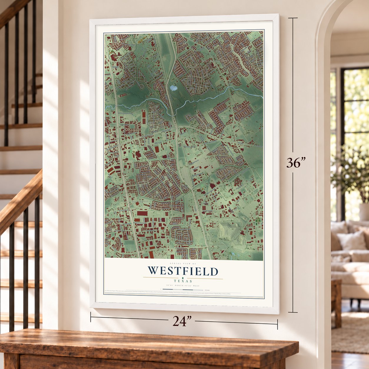 Westfield, Texas map, 24 x 36 inch print in a white frame by a staircase