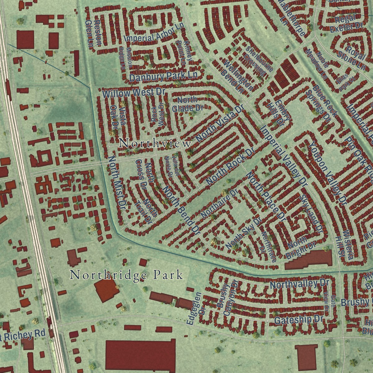 Second close-up of the map of Westfield, Texas print showing more streets and buildings