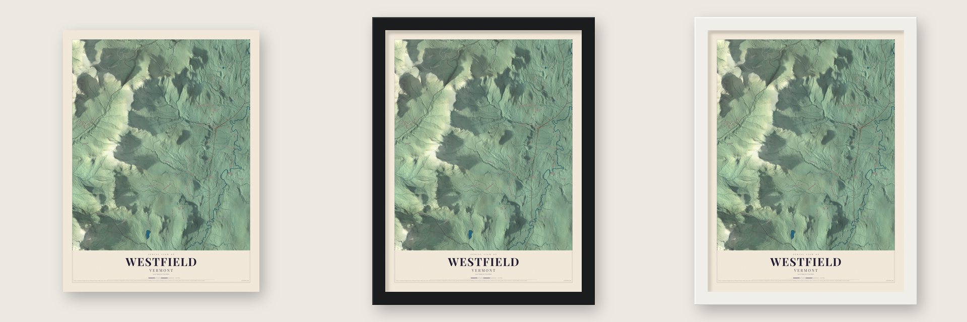 Westfield, Vermont map unframed, in a black wood frame and in a white wood frame